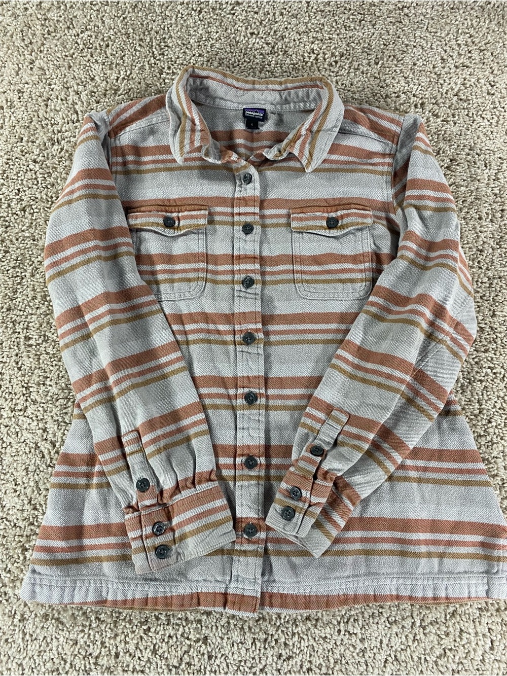 Patagonia Long Sleeve Fjord Flannel Shirt Orange Grey Stripes Women's Size 4